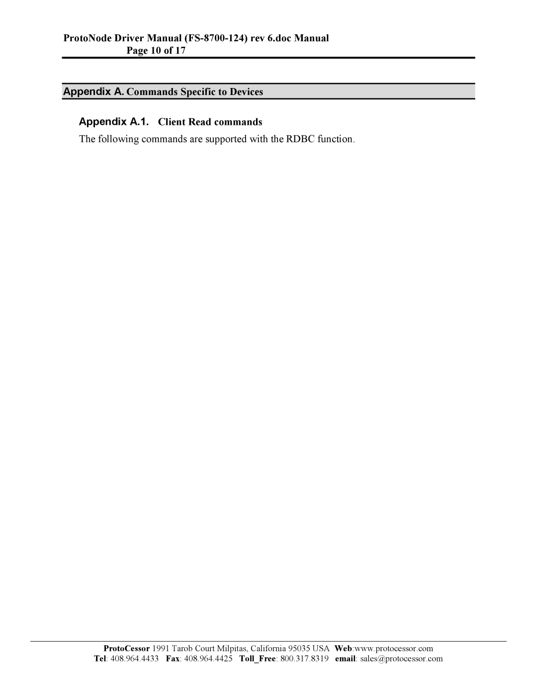 FieldServer FS-8700-124 instruction manual Following commands are supported with the Rdbc function 