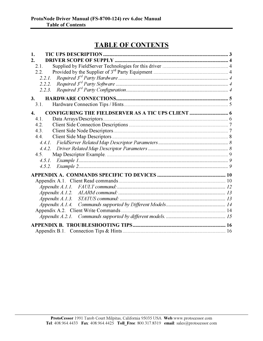 FieldServer FS-8700-124 instruction manual Table of Contents 