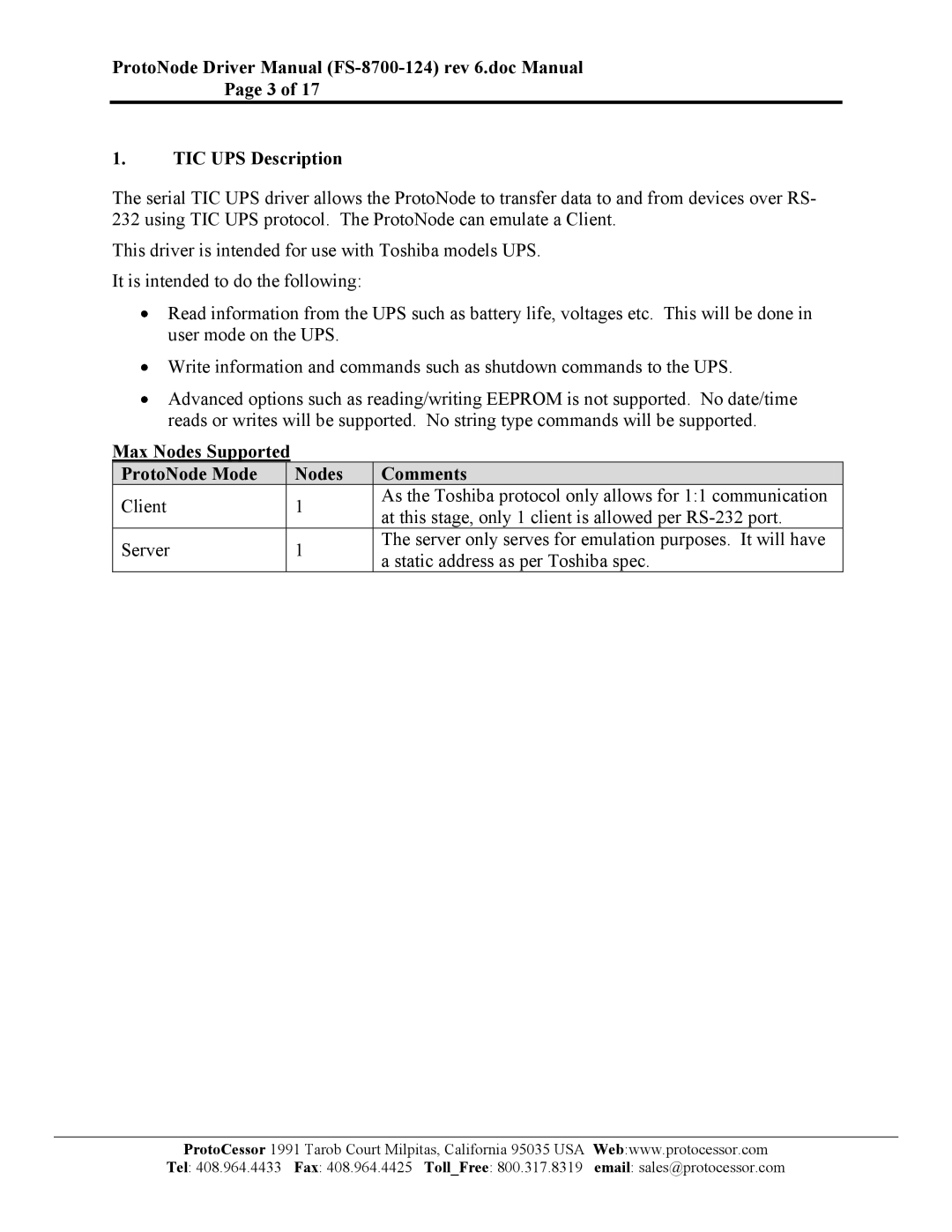 FieldServer FS-8700-124 instruction manual Max Nodes Supported ProtoNode Mode Comments 