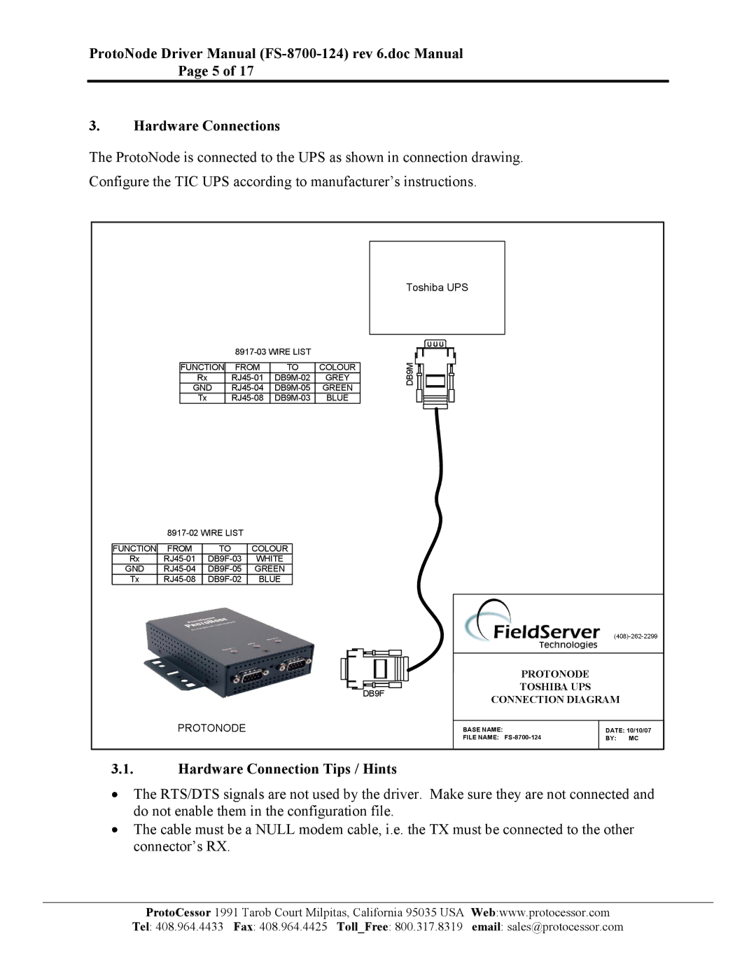 FieldServer FS-8700-124 instruction manual Hardware Connection Tips / Hints, Toshiba UPS 