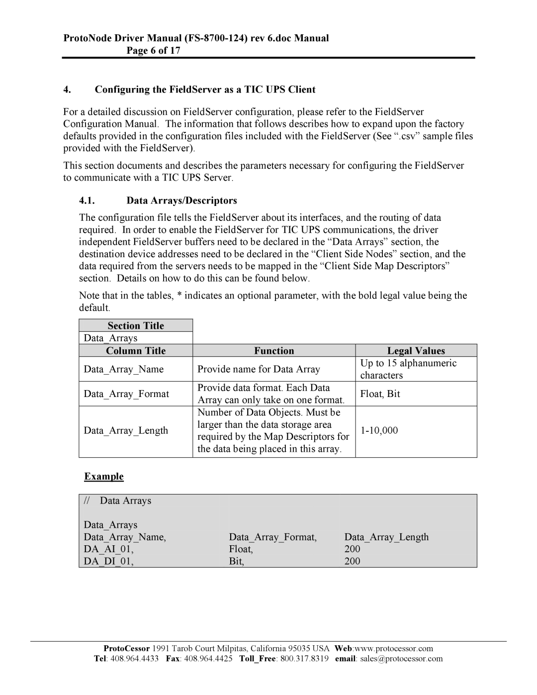 FieldServer FS-8700-124 Data Arrays/Descriptors, Section Title, Column Title Function Legal Values, Example 