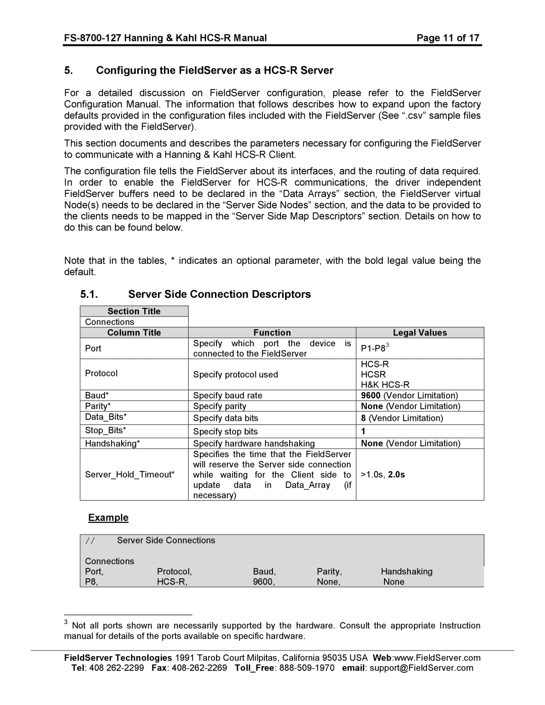 FieldServer FS-8700-127 Configuring the FieldServer as a HCS-R Server, Server Side Connection Descriptors, Hcsr 