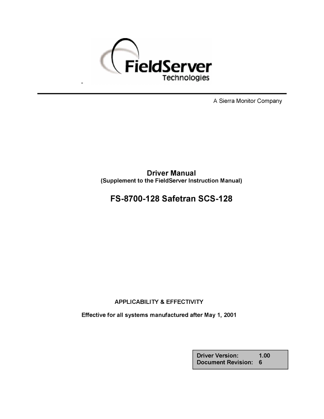 FieldServer instruction manual FS-8700-128 Safetran SCS-128 