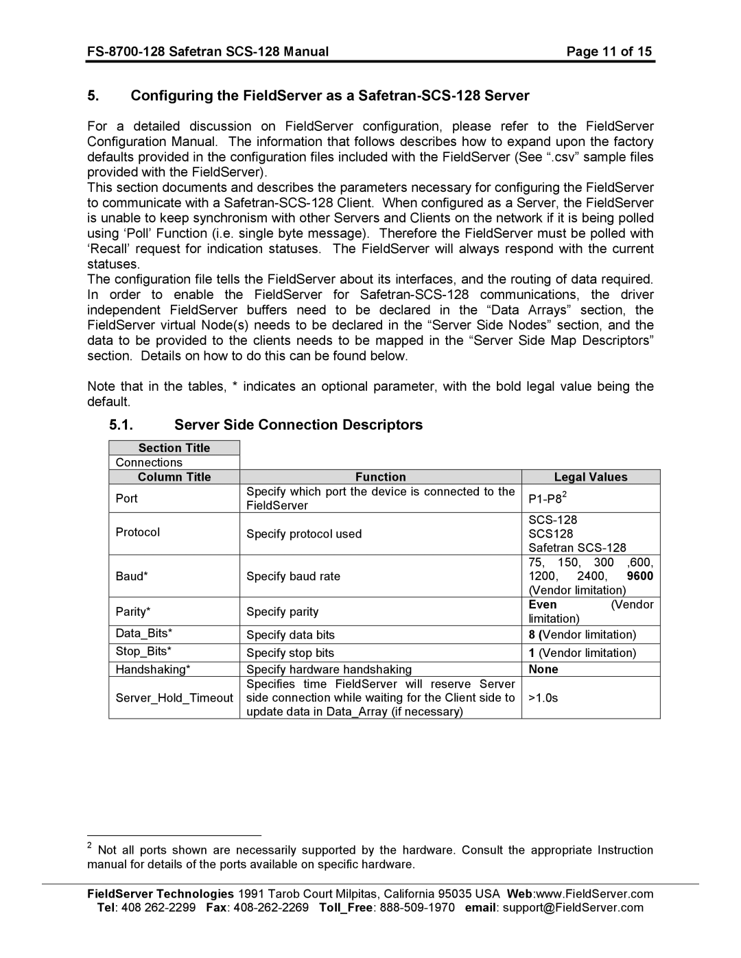 FieldServer FS-8700-128 Configuring the FieldServer as a Safetran-SCS-128 Server, Server Side Connection Descriptors 