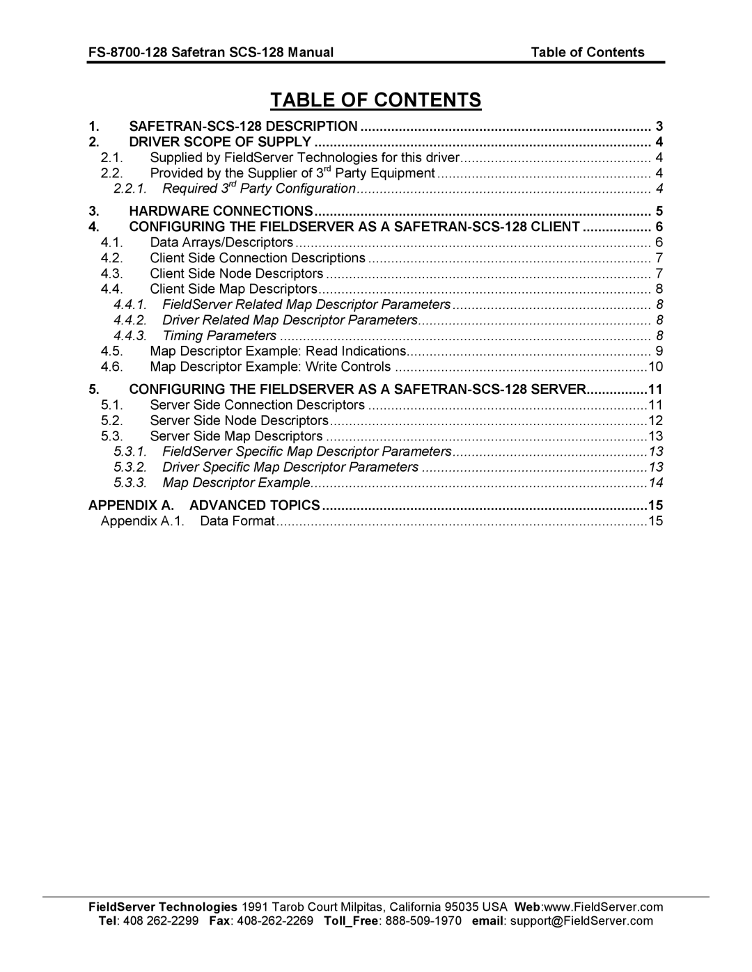 FieldServer FS-8700-128 instruction manual Table of Contents 