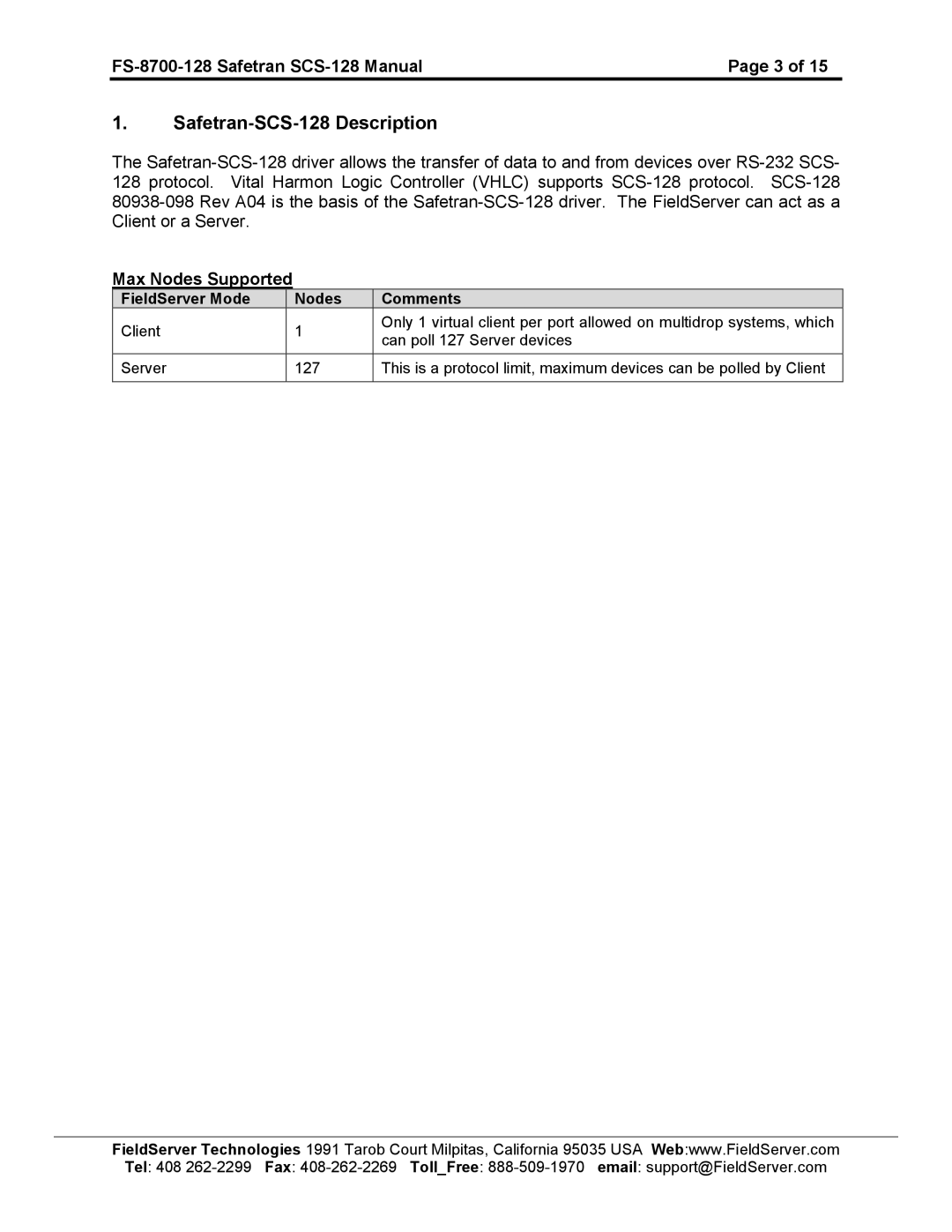 FieldServer FS-8700-128 instruction manual Safetran-SCS-128 Description 