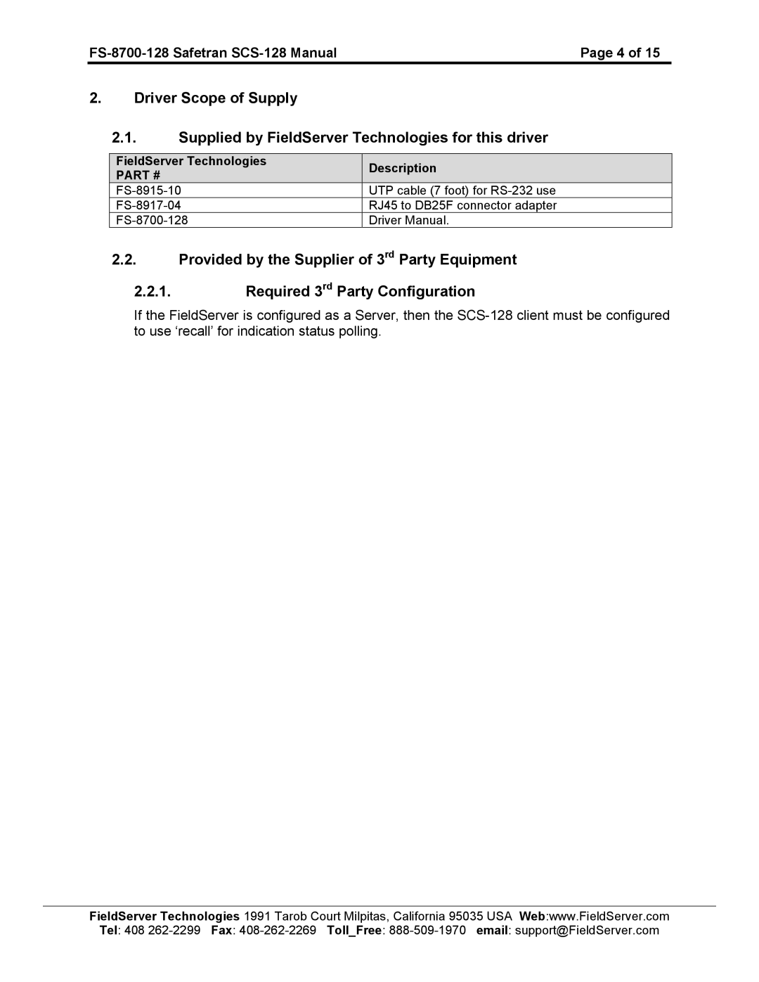 FieldServer instruction manual FS-8700-128 Safetran SCS-128 Manual 