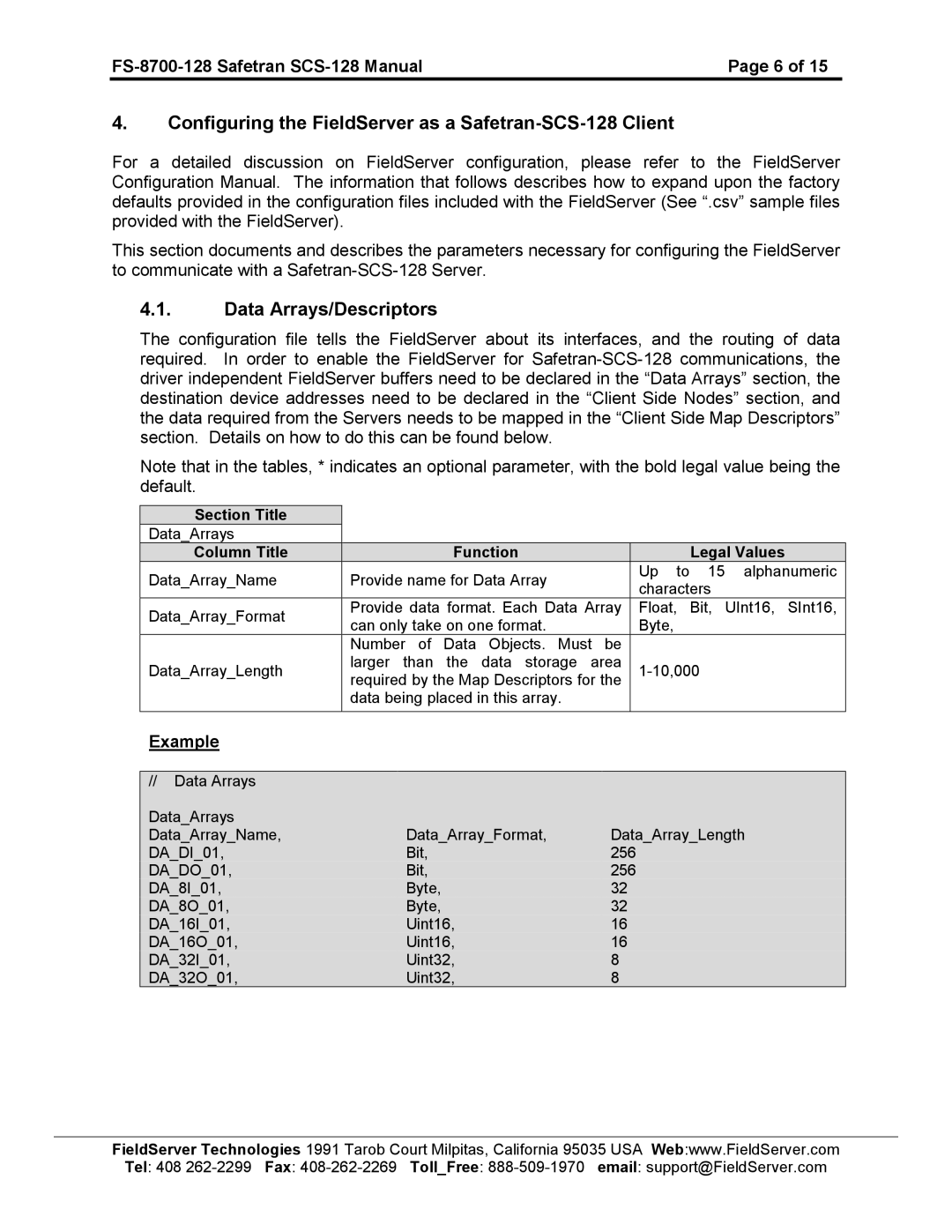 FieldServer FS-8700-128 Configuring the FieldServer as a Safetran-SCS-128 Client, Data Arrays/Descriptors 