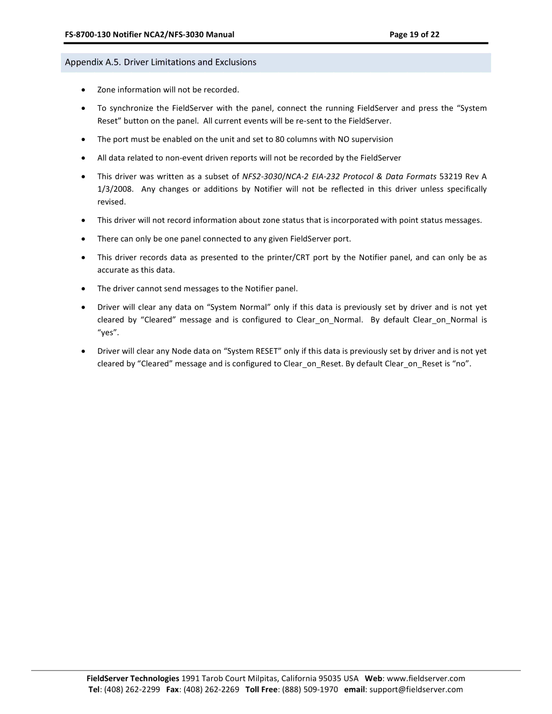 FieldServer NCA2-NFS2-3030, FS-8700-130 instruction manual Appendix A.5. Driver Limitations and Exclusions 