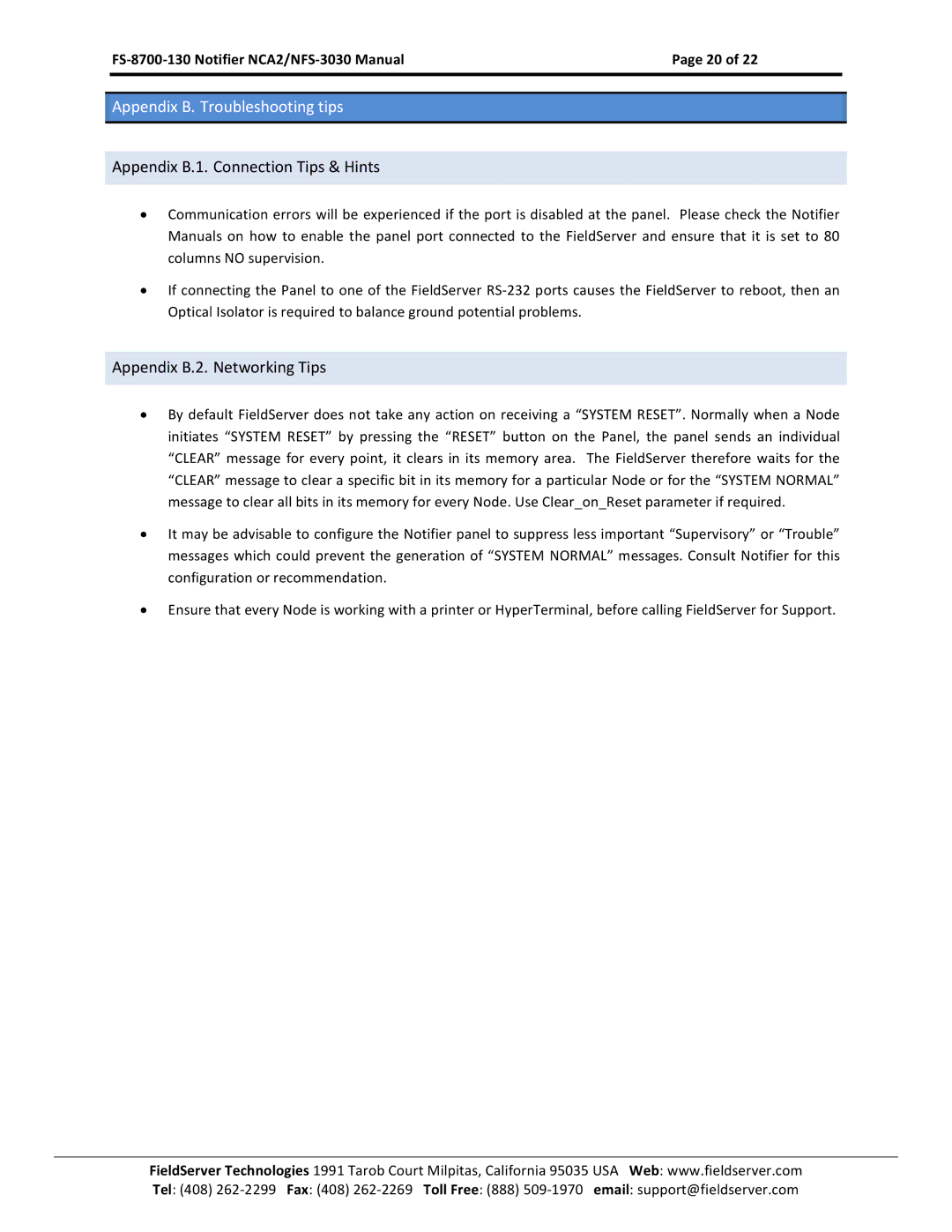 FieldServer FS-8700-130, NCA2-NFS2-3030 Appendix B.1. Connection Tips & Hints, Appendix B.2. Networking Tips 