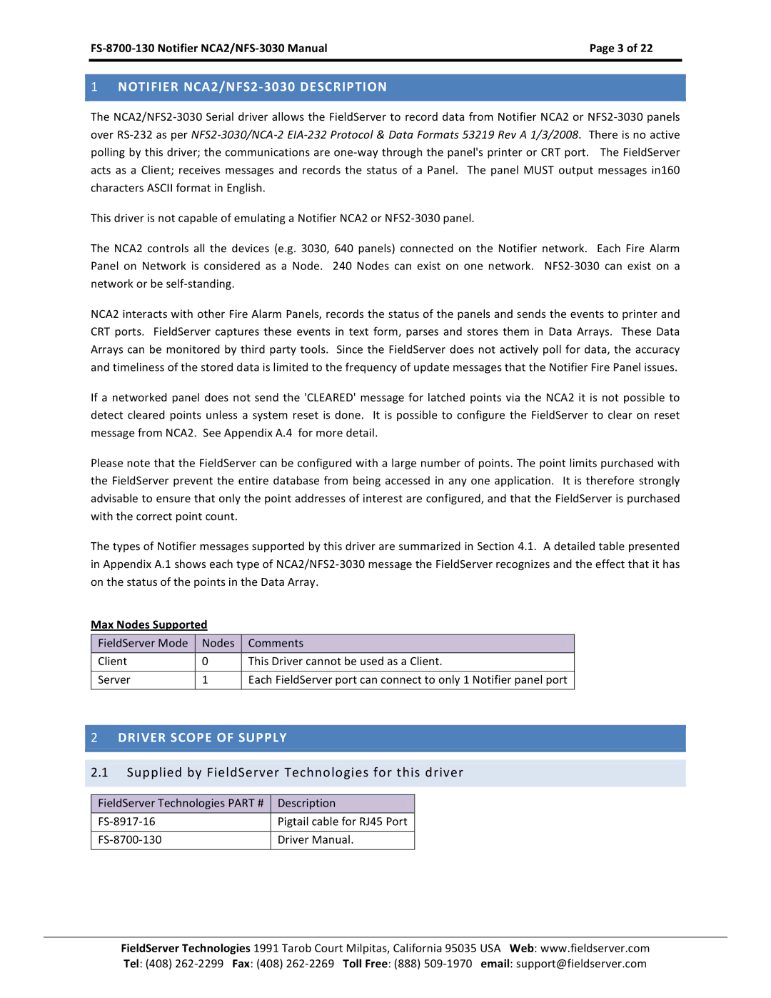 FieldServer NCA2-NFS2-3030 Supplied by FieldServer Technologies for this driver, FS-8700-130 Notifier NCA2/NFS-3030 Manual 