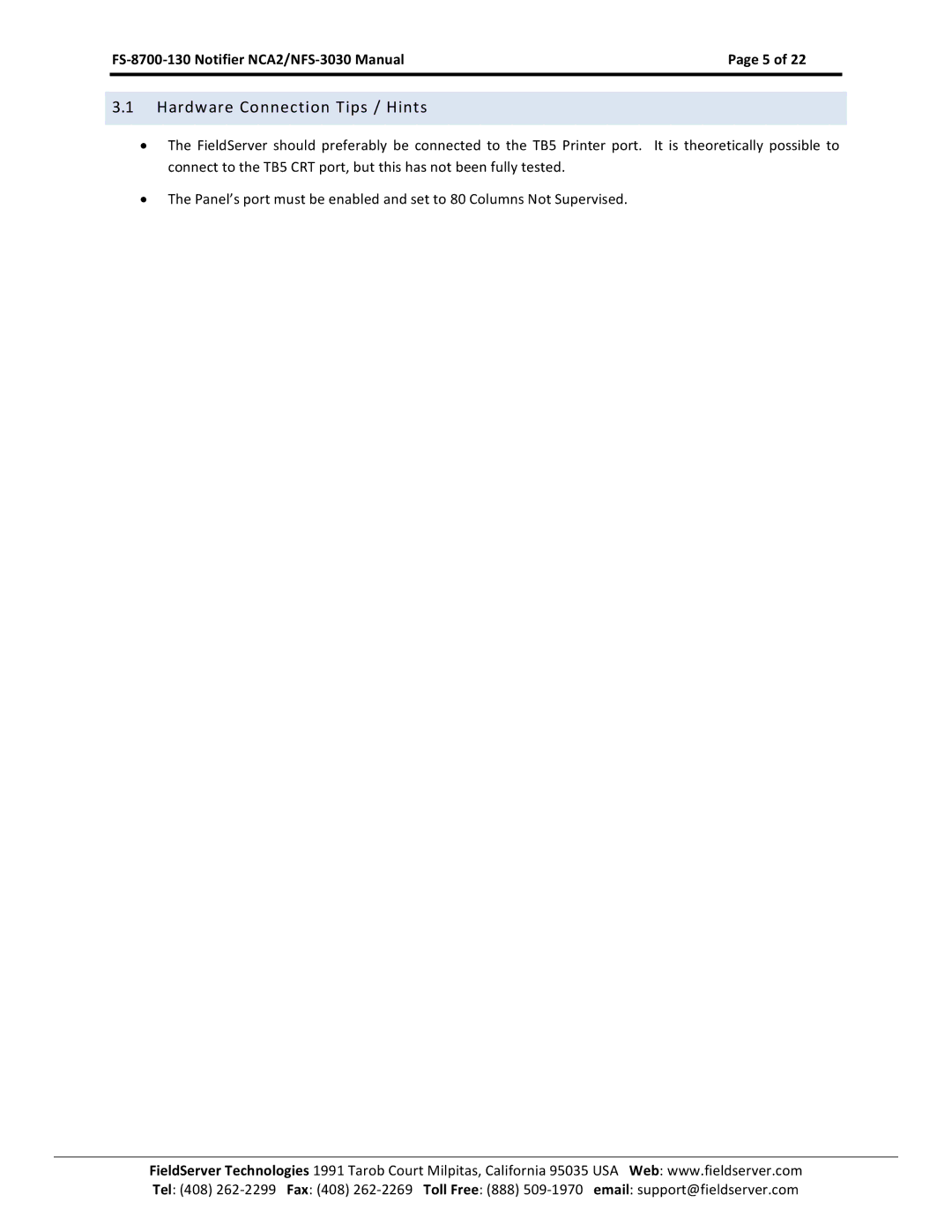 FieldServer NCA2-NFS2-3030, FS-8700-130 instruction manual Hardware Connection Tips / Hints 