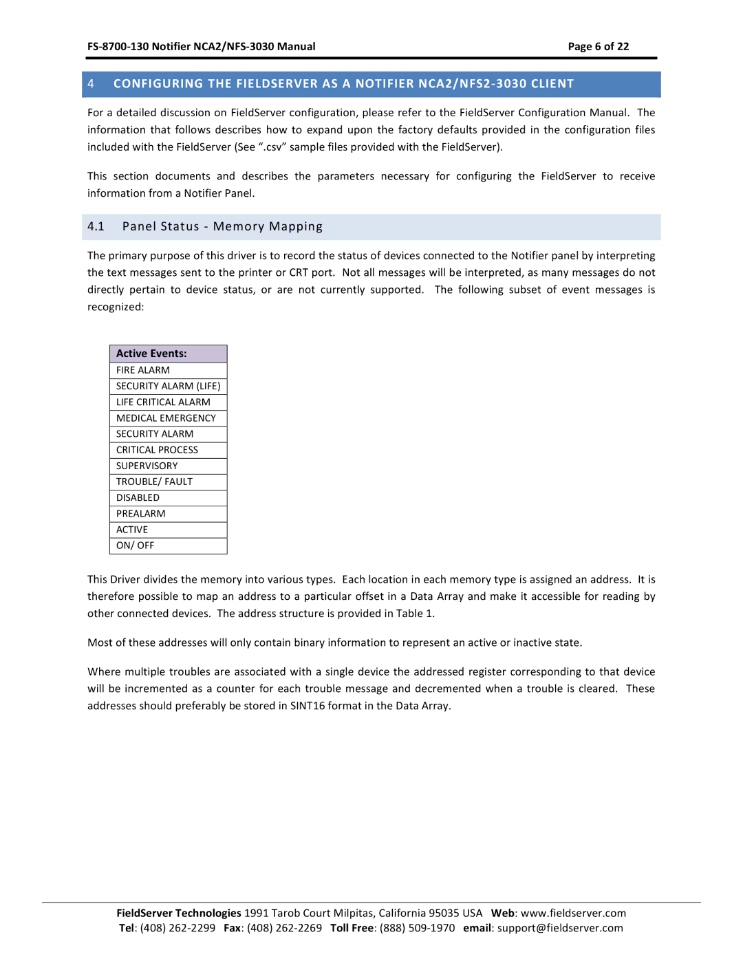 FieldServer FS-8700-130, NCA2-NFS2-3030 instruction manual Panel Status Memory Mapping, Active Events 