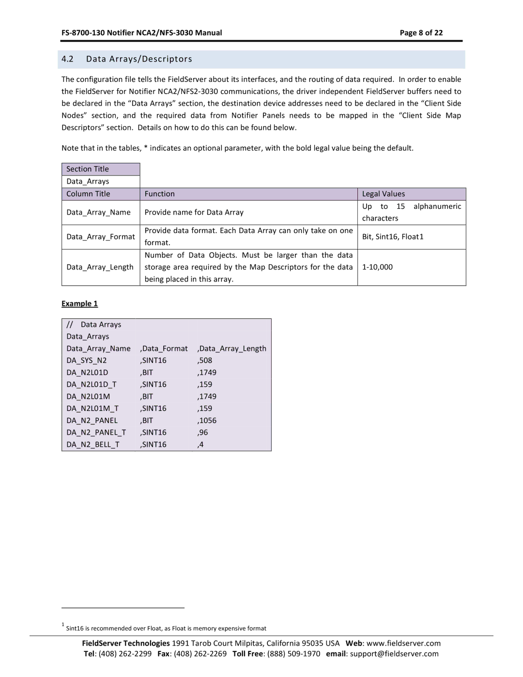 FieldServer FS-8700-130, NCA2-NFS2-3030 instruction manual Data Arrays/Descriptors, Example 