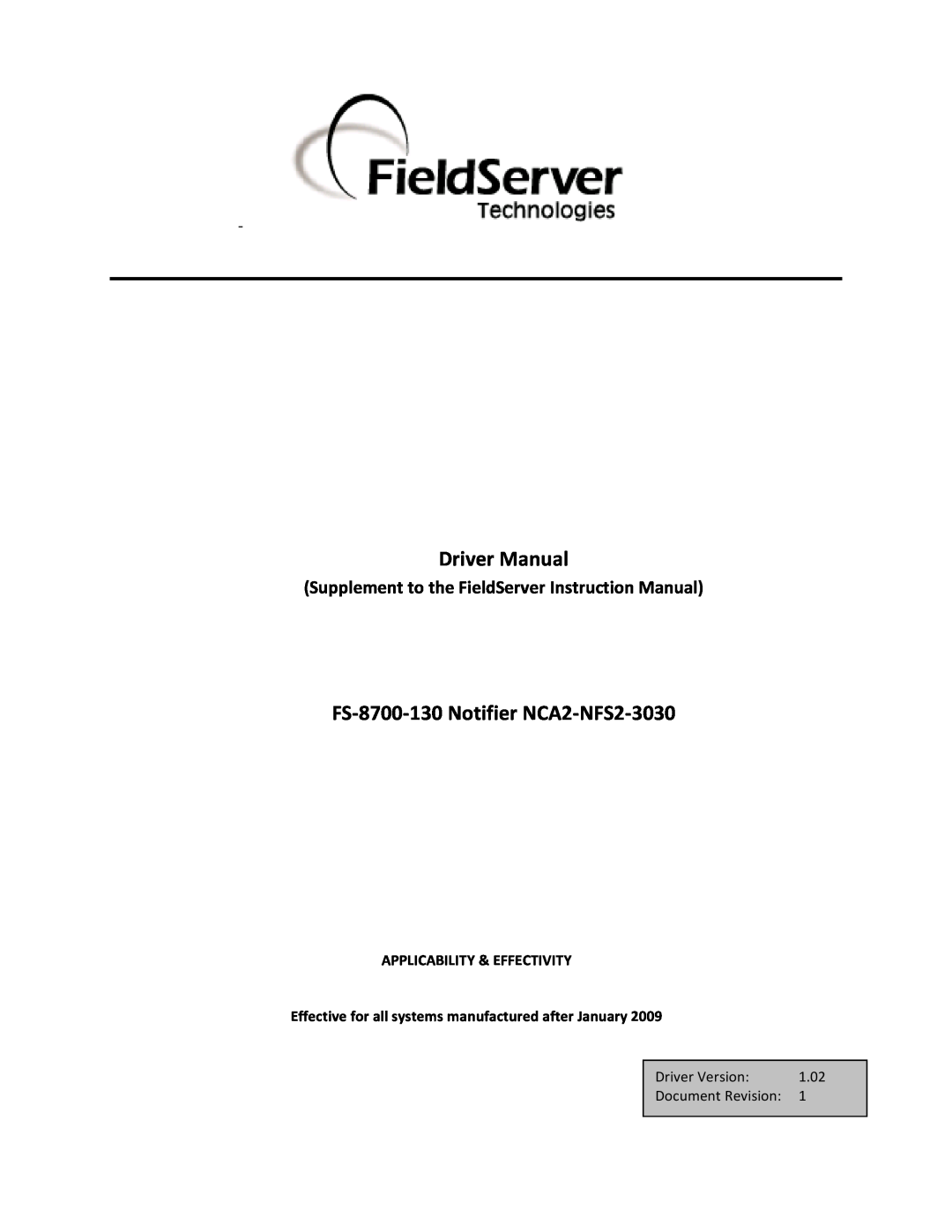 FieldServer NCA2-NFS2-3030, FS-8700-130 instruction manual Supplement to the FieldServer Instruction Manual, Driver Manual 