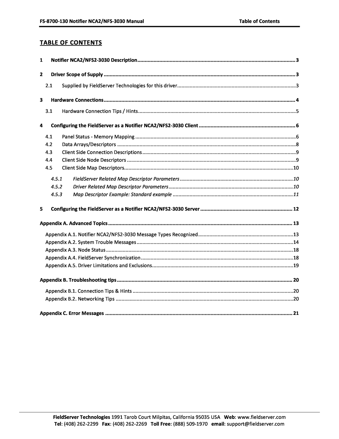 FieldServer Table Of Contents, FS-8700-130 Notifier NCA2/NFS-3030 Manual, Table of Contents, Driver Scope of Supply 