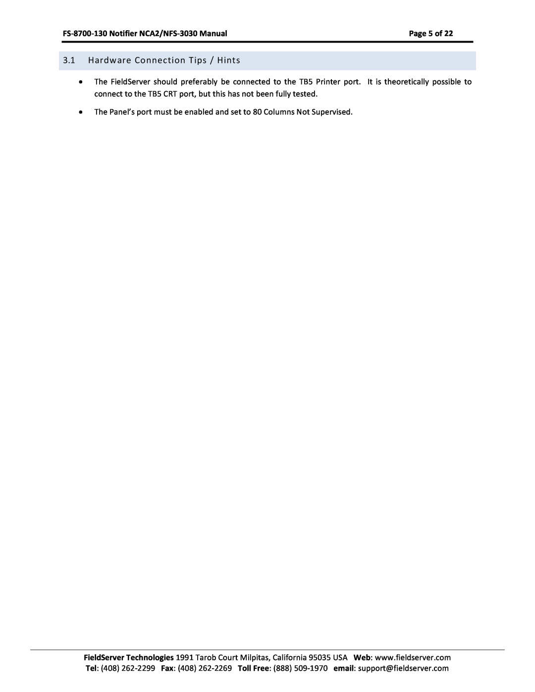 FieldServer NCA2-NFS2-3030 Hardware Connection Tips / Hints, Page 5 of, FS-8700-130 Notifier NCA2/NFS-3030 Manual 