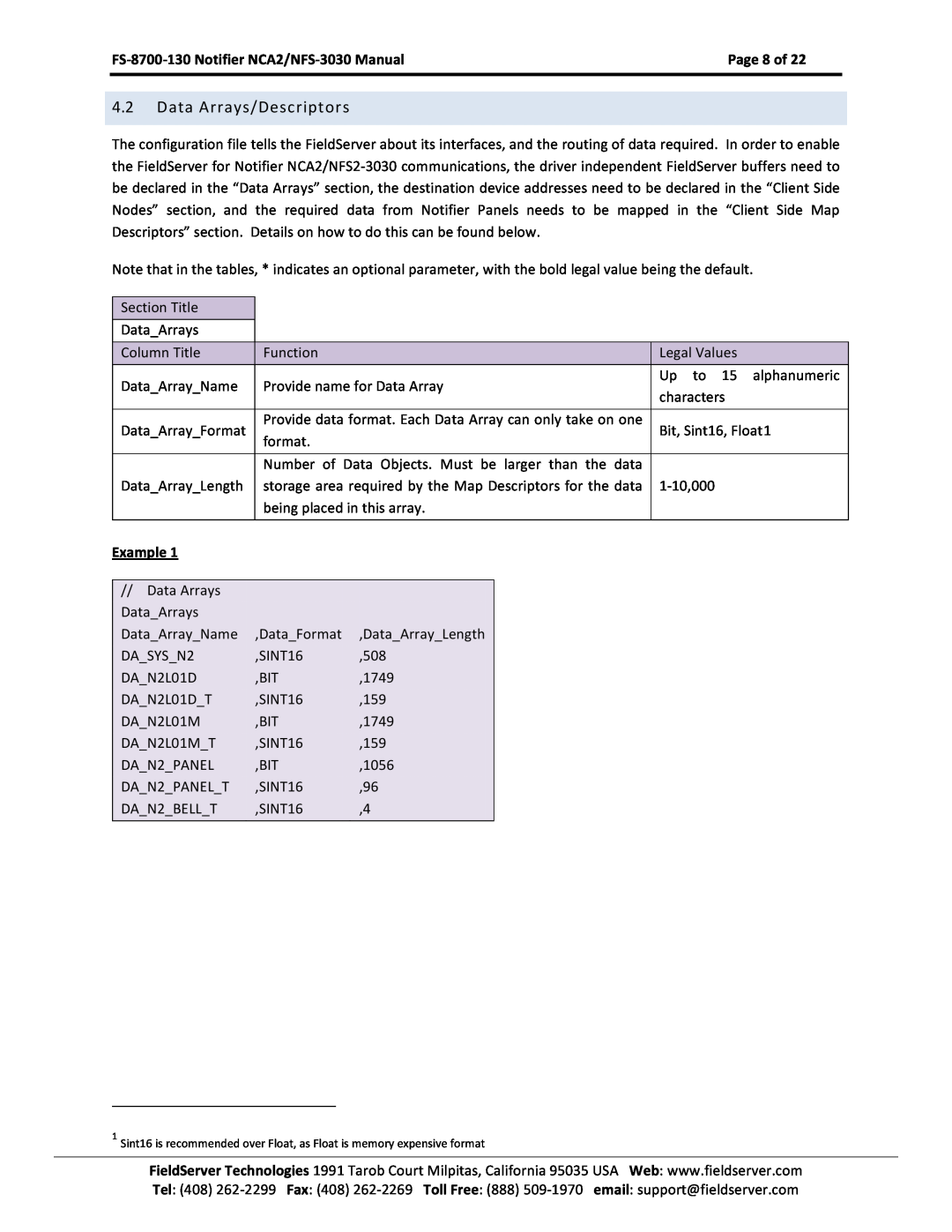 FieldServer NCA2-NFS2-3030 Data Arrays/Descriptors, Page 8 of, Example, FS-8700-130 Notifier NCA2/NFS-3030 Manual 