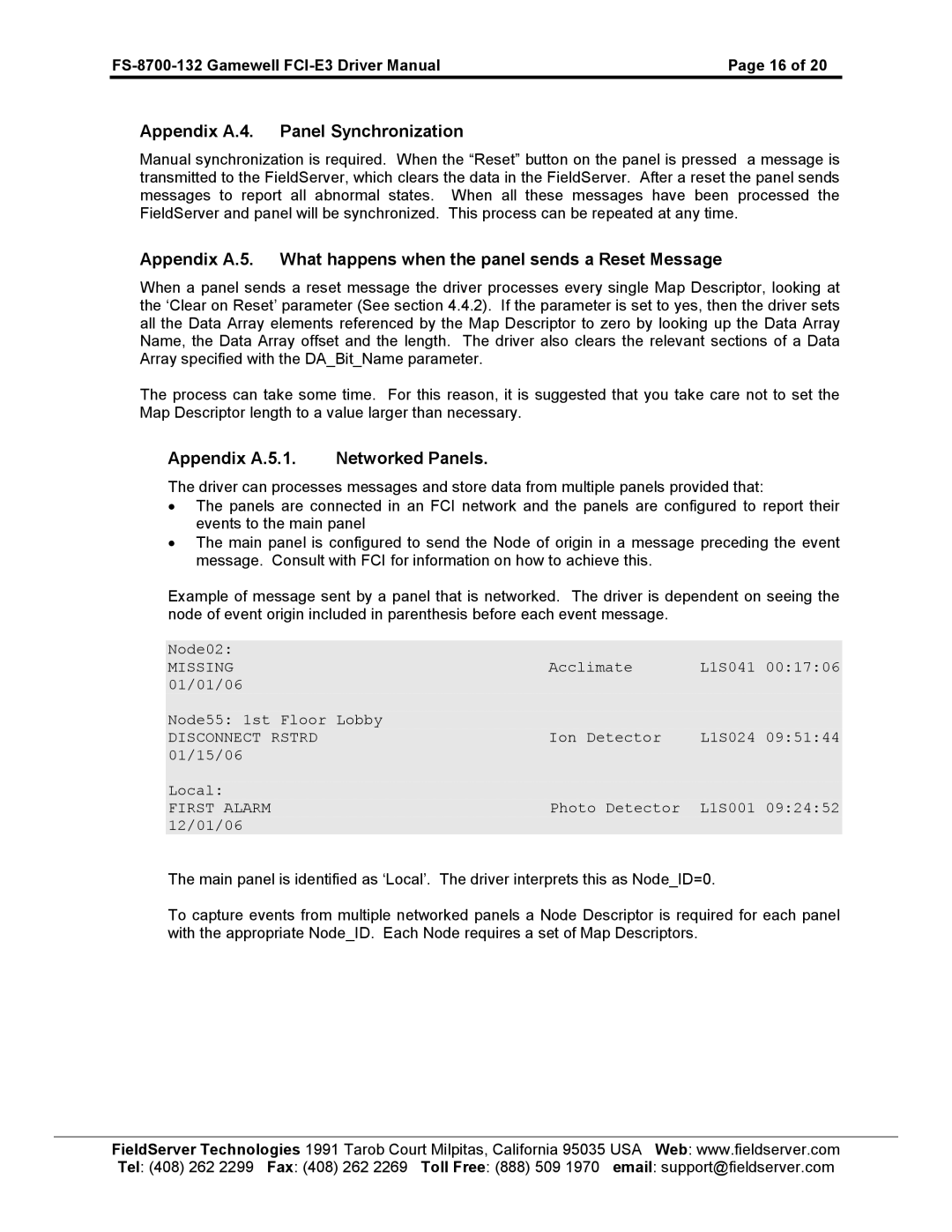 FieldServer FS-8700-132, FCI E3 Series Appendix A.4. Panel Synchronization, Appendix A.5.1 Networked Panels 