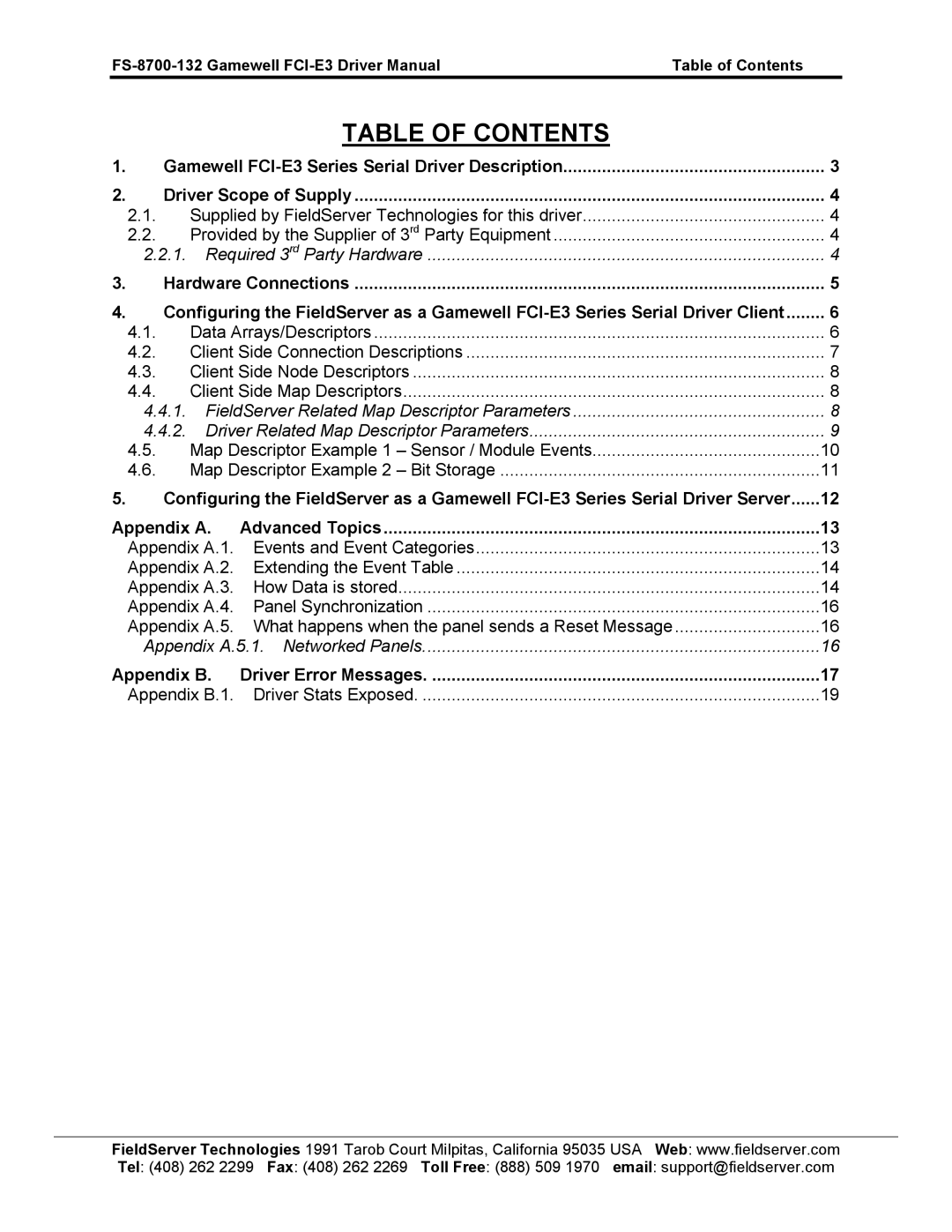 FieldServer FS-8700-132, FCI E3 Series instruction manual Table of Contents 