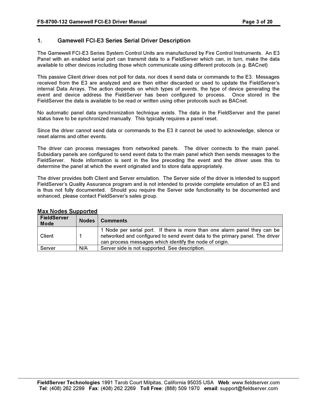 FieldServer FCI E3 Series, FS-8700-132 Gamewell FCI-E3 Series Serial Driver Description, Max Nodes Supported 