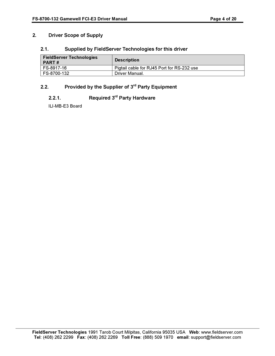 FieldServer FS-8700-132, FCI E3 Series instruction manual ILI-MB-E3 Board 