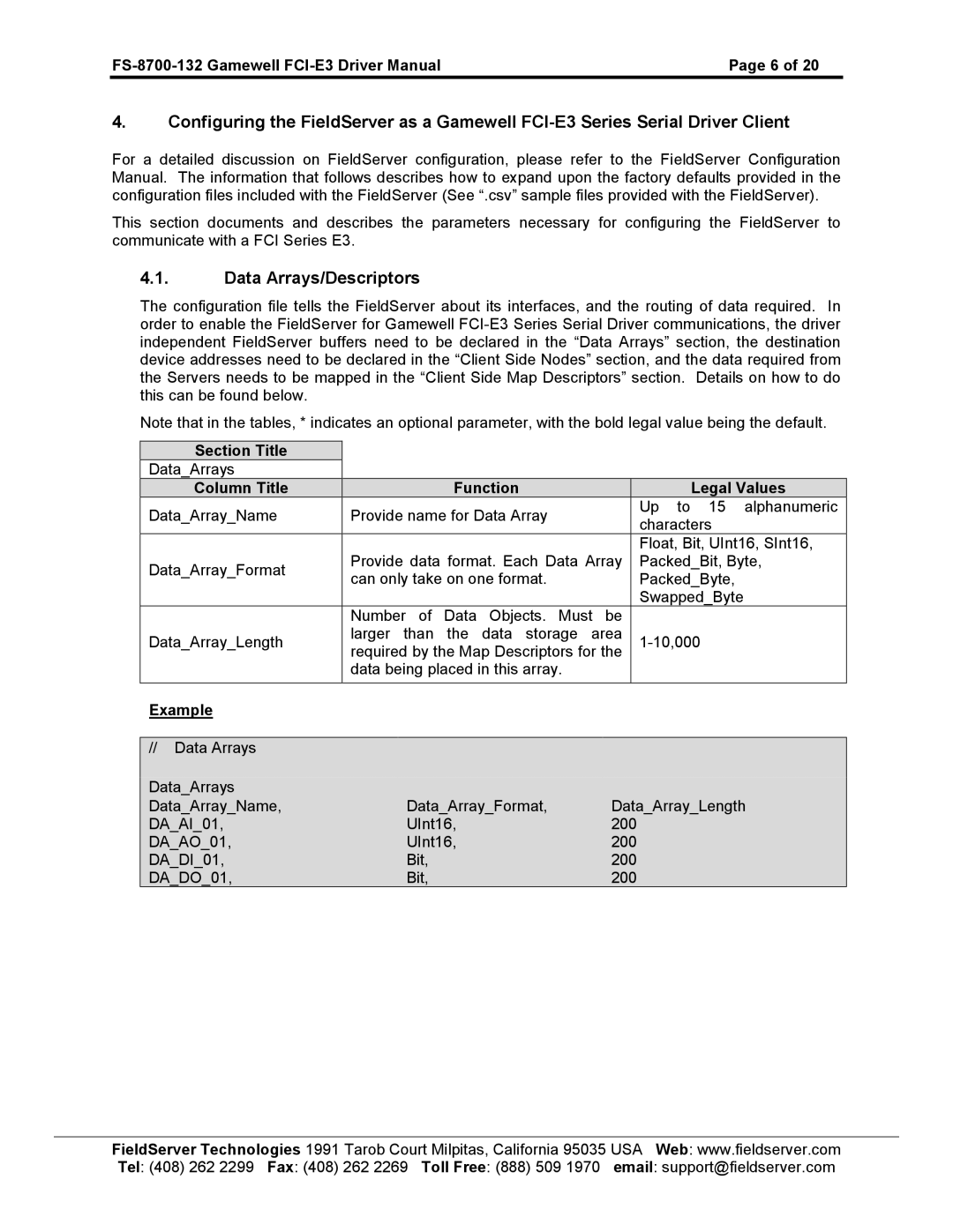 FieldServer FS-8700-132, FCI E3 Series instruction manual Data Arrays/Descriptors 