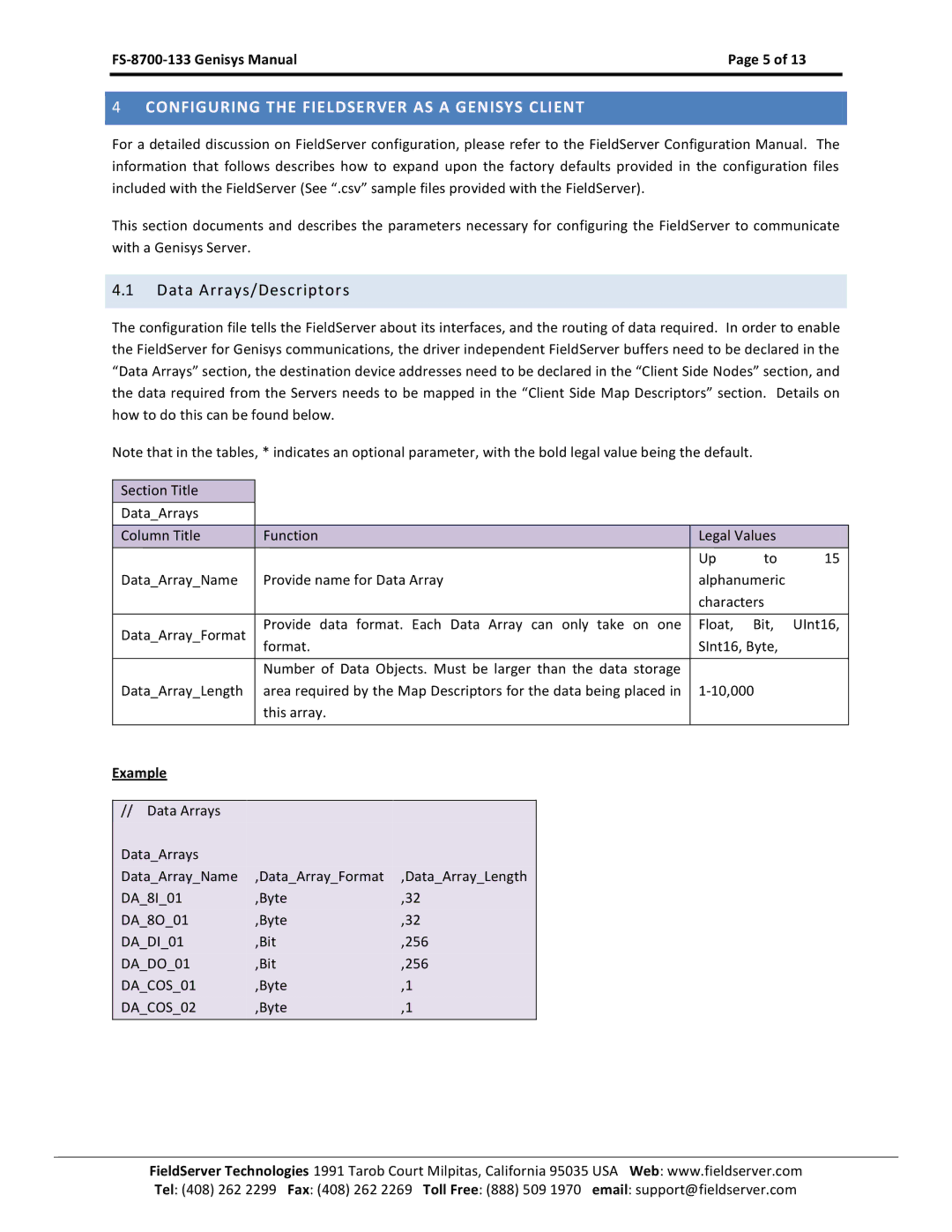 FieldServer FS-8700-133 instruction manual Configuring the Fieldserver AS a Genisys Client, Data Arrays/Descriptors 