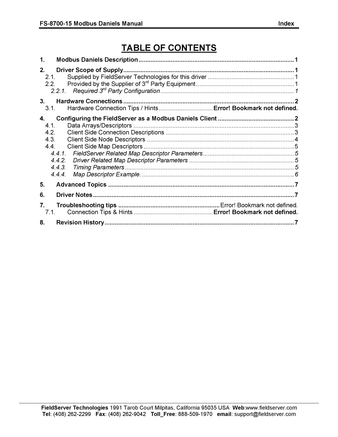 FieldServer FS-8700-15 instruction manual Table of Contents 