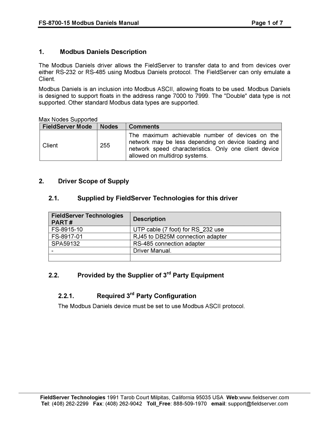 FieldServer Modbus Daniels Description, FS-8700-15 Modbus Daniels Manual, FieldServer Mode Nodes Comments 