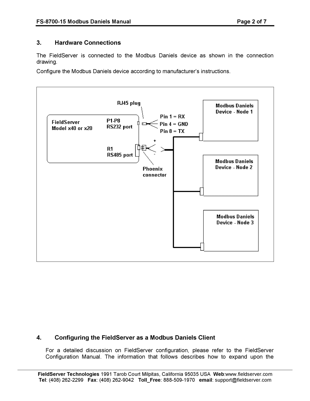 FieldServer FS-8700-15 instruction manual Hardware Connections, Configuring the FieldServer as a Modbus Daniels Client 