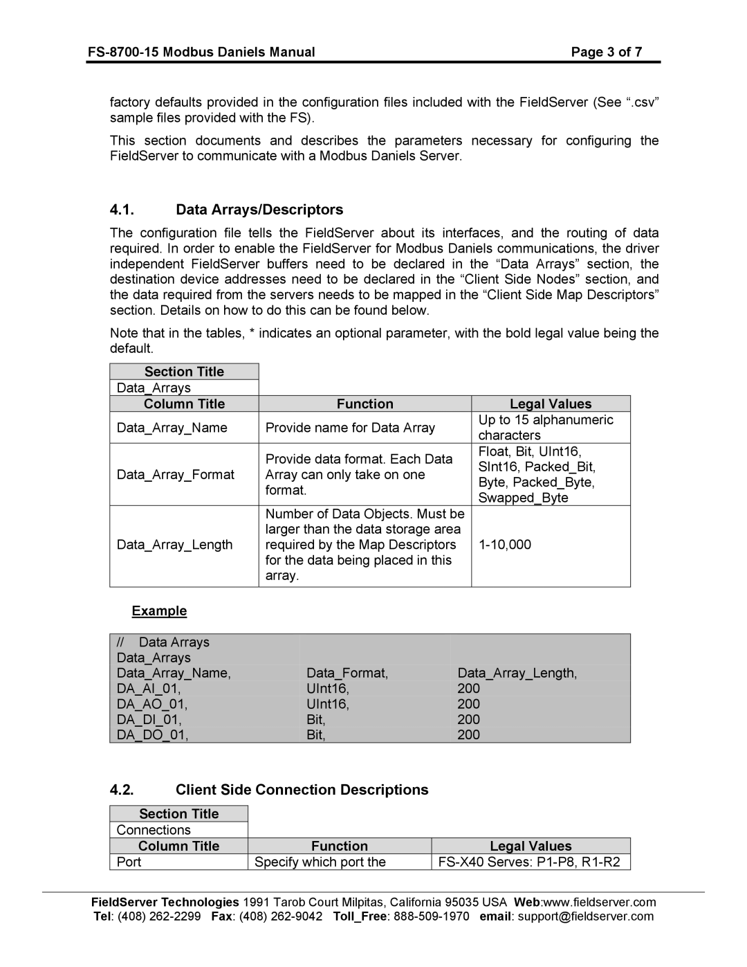 FieldServer FS-8700-15 Data Arrays/Descriptors, Client Side Connection Descriptions, Section Title, Example 