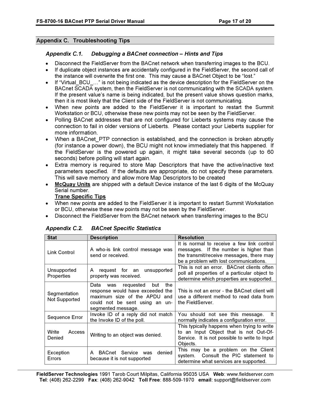 FieldServer FS-8700-16 instruction manual Trane Specific Tips, Appendix C.2 BACnet Specific Statistics 