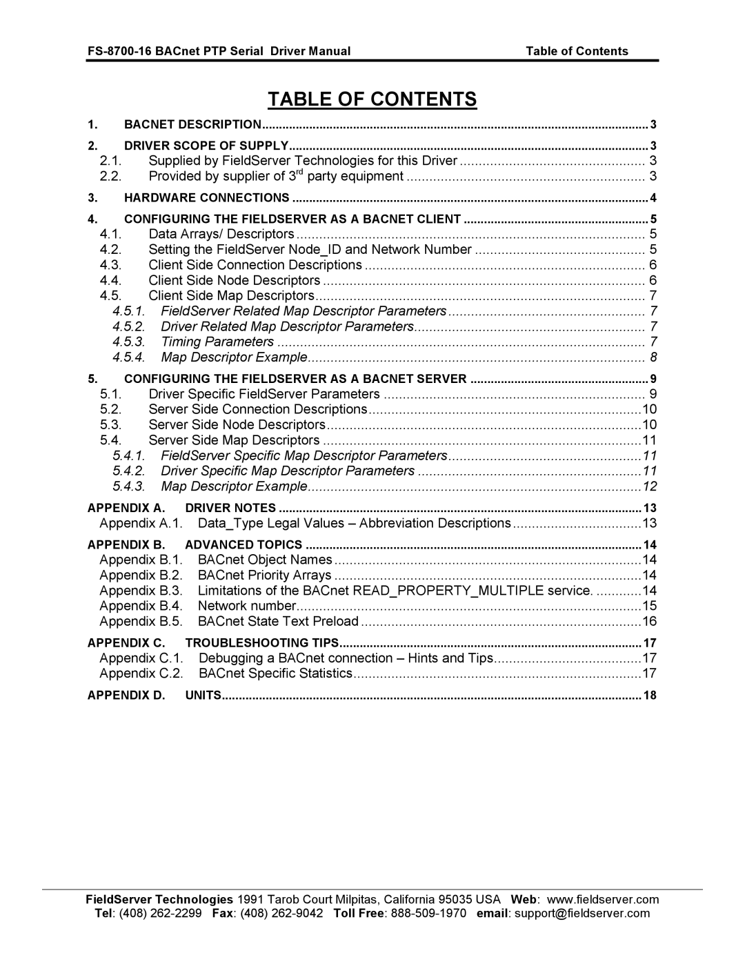 FieldServer FS-8700-16 instruction manual Table of Contents 