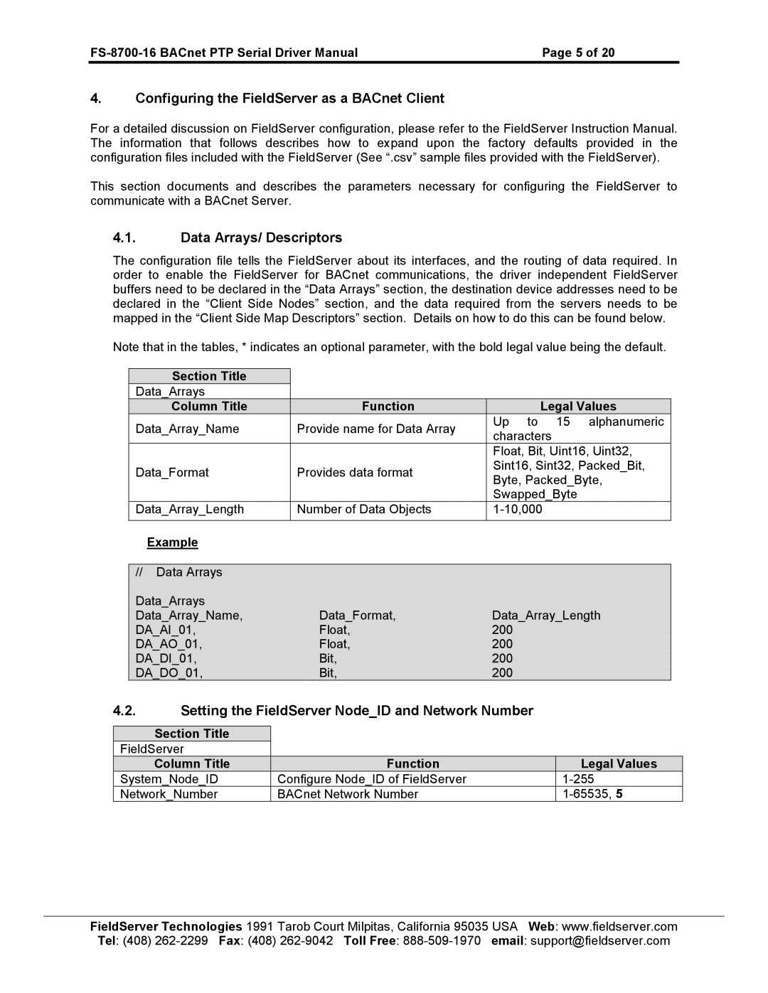 FieldServer FS-8700-16 instruction manual Configuring the FieldServer as a BACnet Client, Data Arrays/ Descriptors 