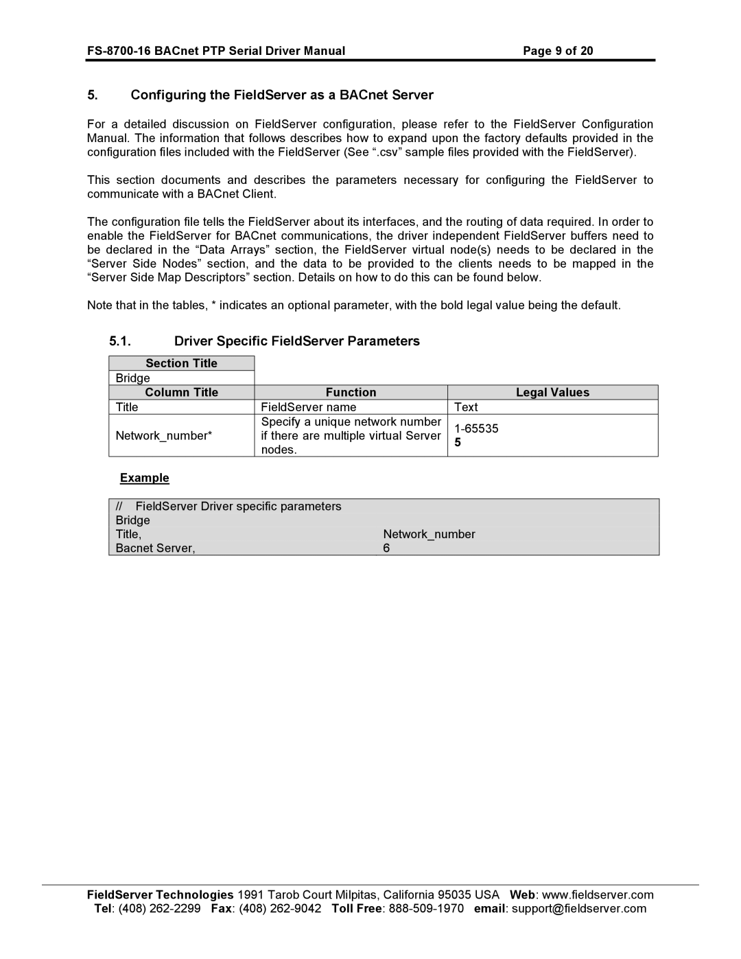 FieldServer FS-8700-16 Configuring the FieldServer as a BACnet Server, Driver Specific FieldServer Parameters 