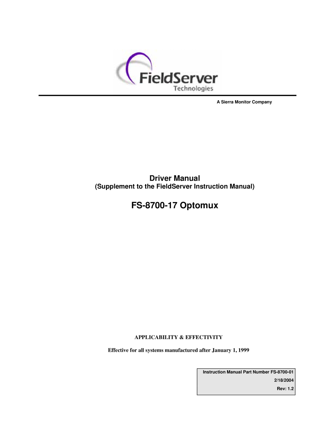 FieldServer instruction manual FS-8700-17 Optomux 