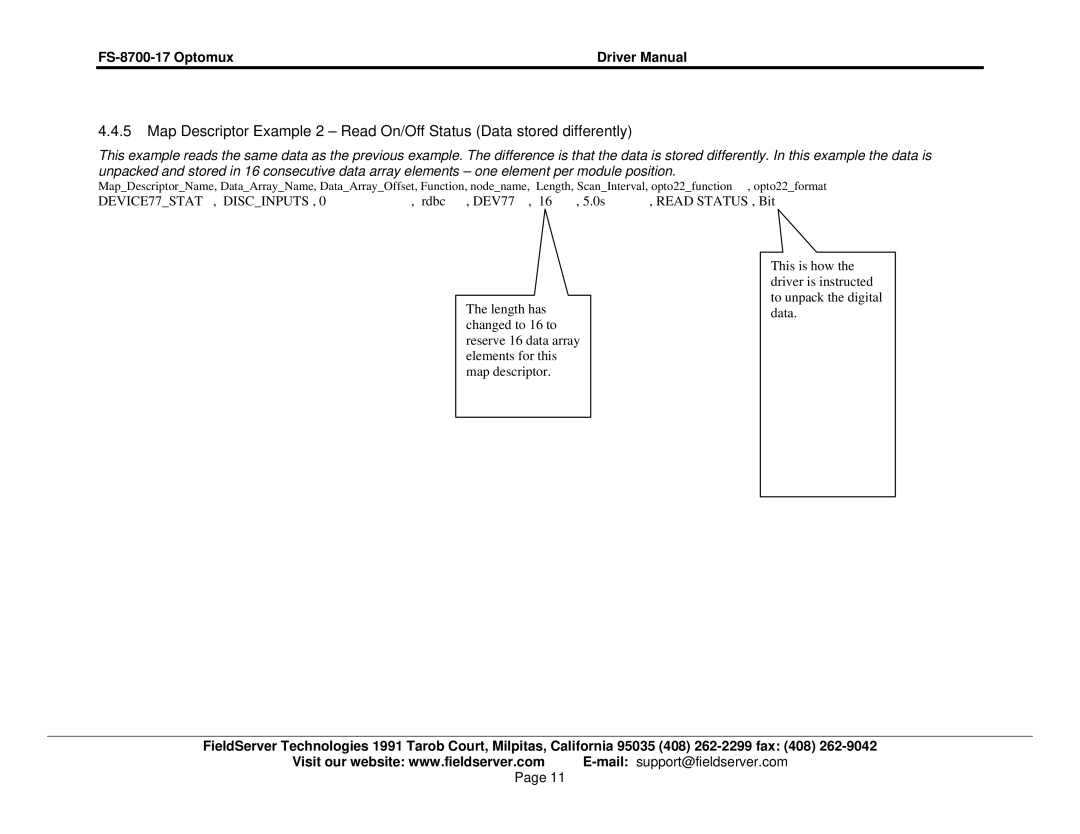 FieldServer instruction manual FS-8700-17 Optomux Driver Manual 