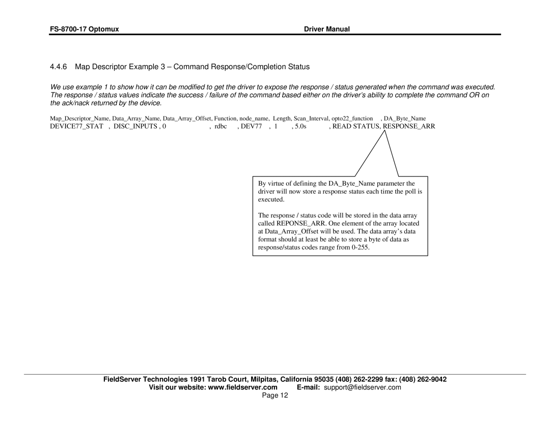 FieldServer FS-8700-17 Map Descriptor Example 3 Command Response/Completion Status, Read STATUS, Responsearr 