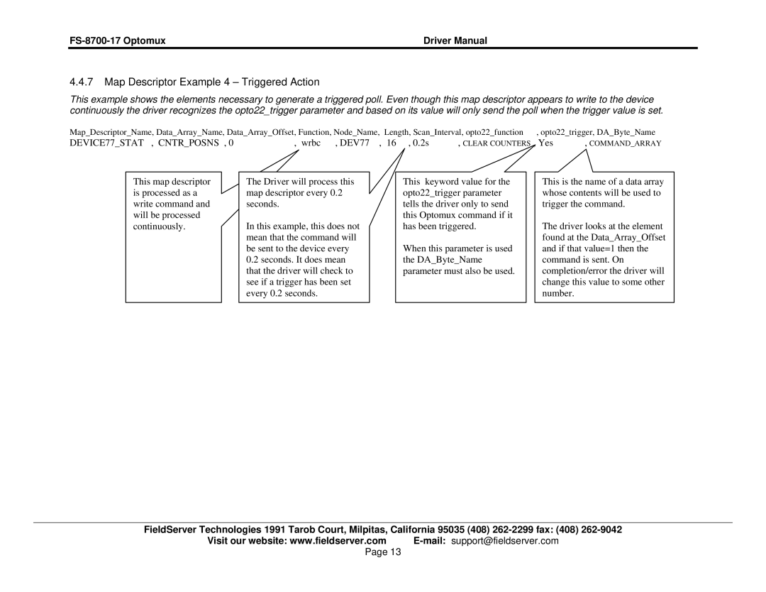 FieldServer FS-8700-17 instruction manual Map Descriptor Example 4 Triggered Action, DEVICE77STAT , Cntrposns 