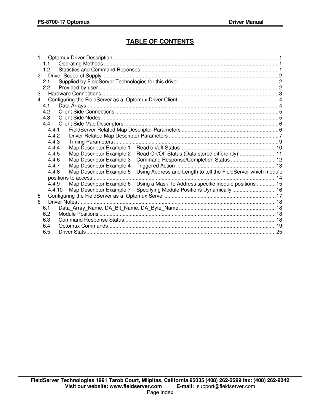 FieldServer FS-8700-17 instruction manual Table of Contents 