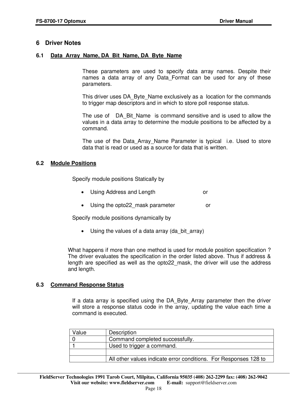 FieldServer FS-8700-17 Driver Notes, DataArrayName, DABitName, DAByteName, Module Positions, Command Response Status 