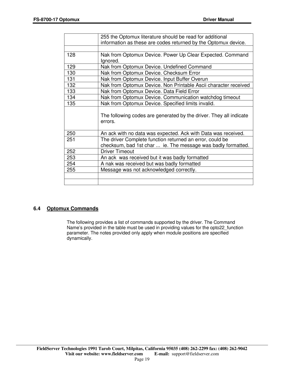 FieldServer FS-8700-17 instruction manual Optomux Commands 