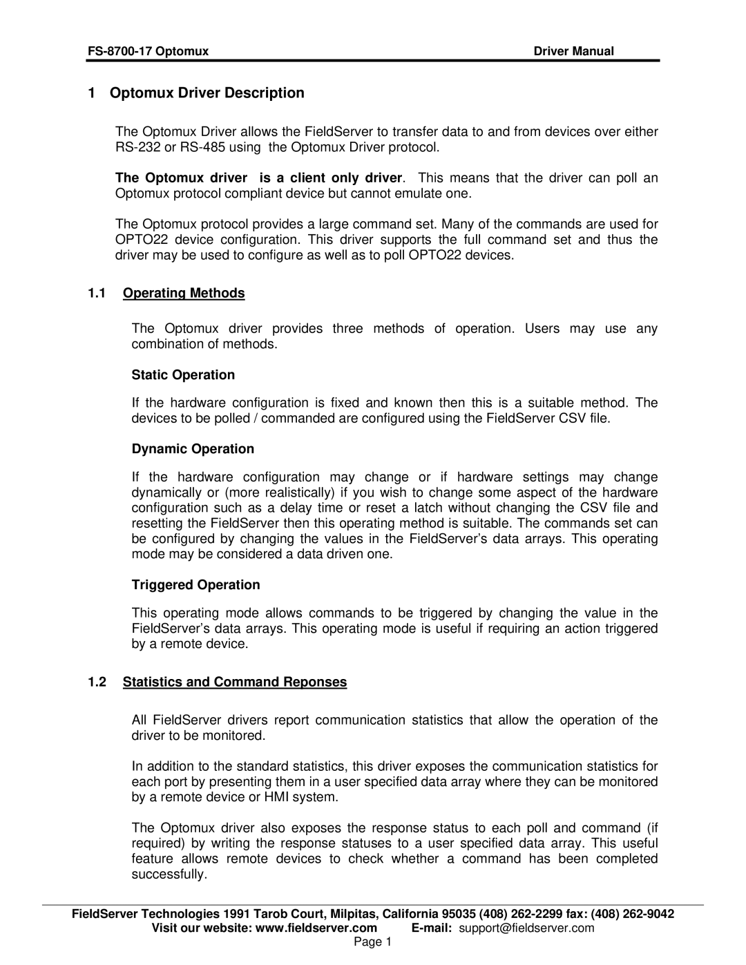 FieldServer FS-8700-17 instruction manual Optomux Driver Description 