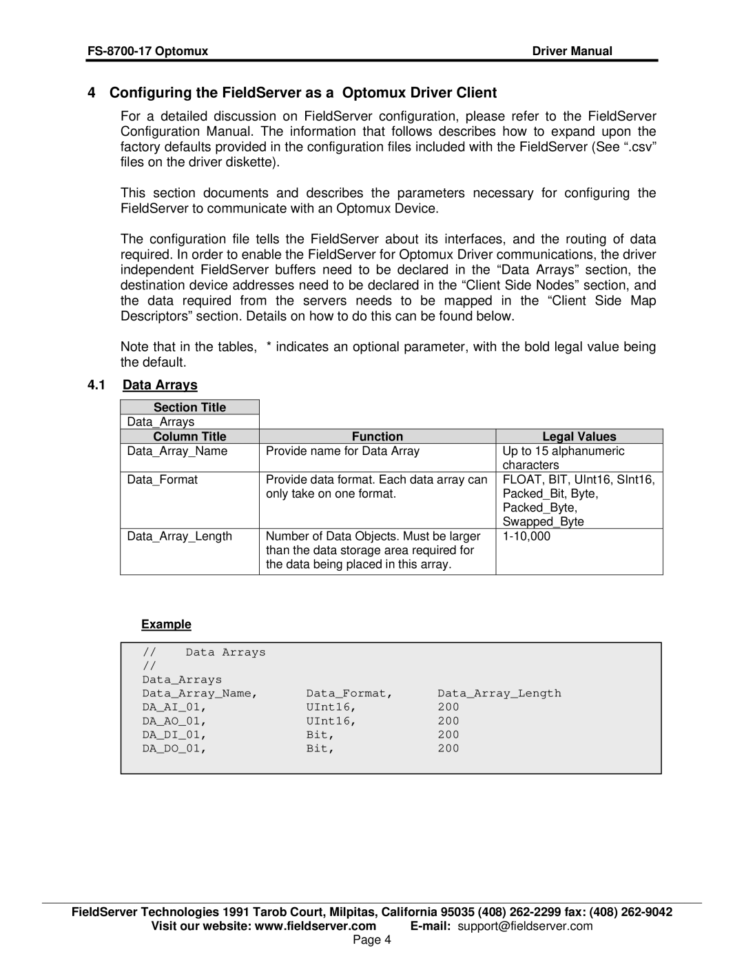 FieldServer FS-8700-17 instruction manual Configuring the FieldServer as a Optomux Driver Client, Data Arrays 