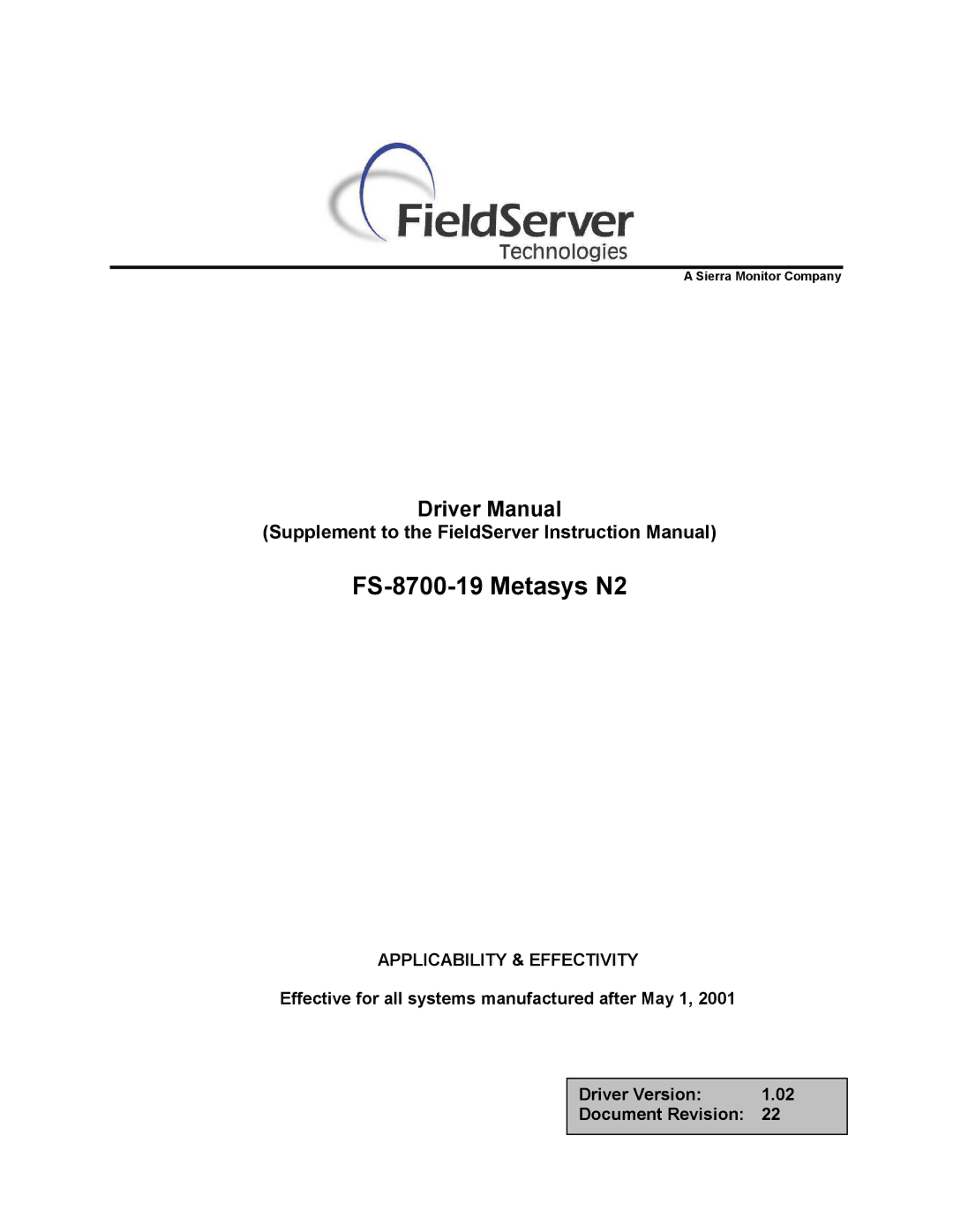 FieldServer instruction manual FS-8700-19 Metasys N2 