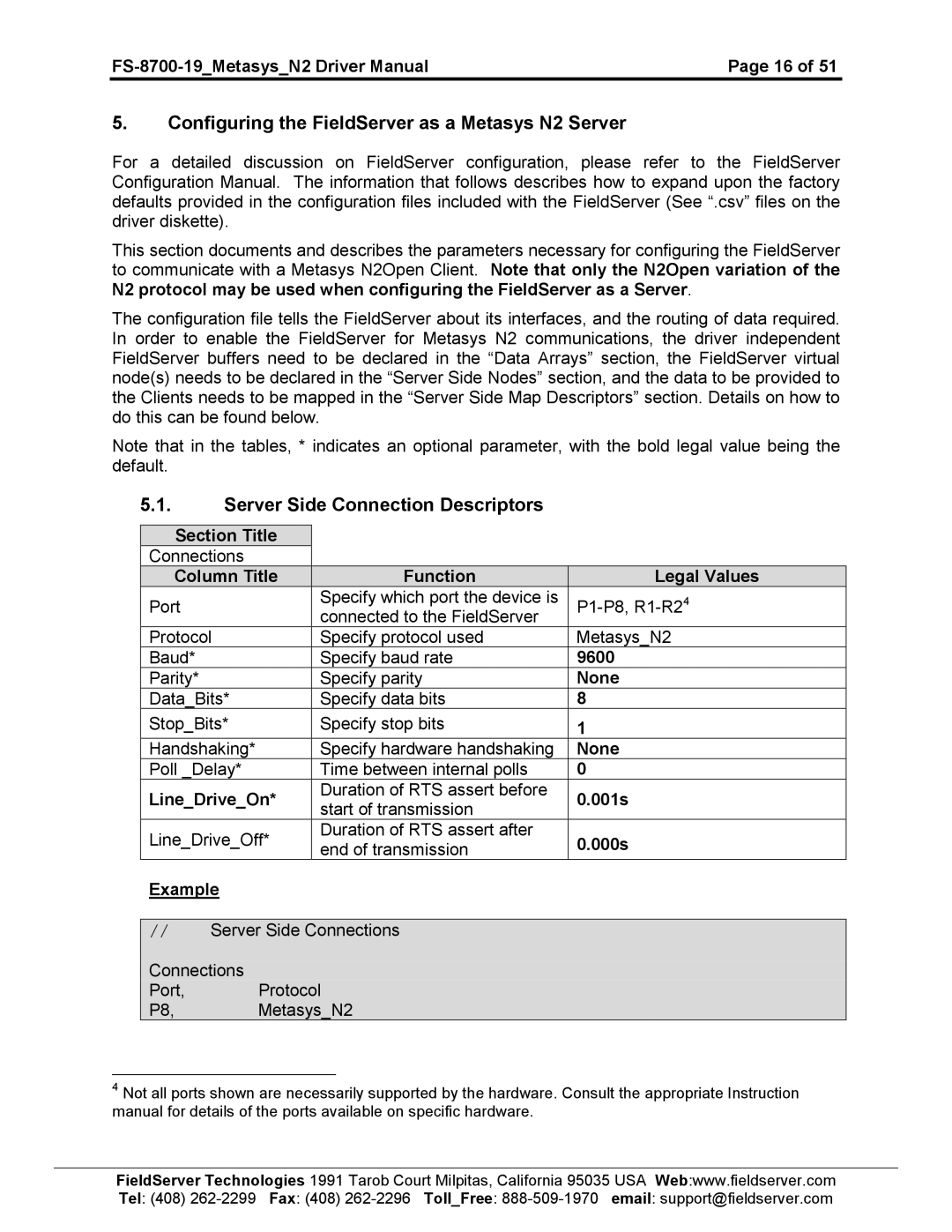 FieldServer FS-8700-19 Configuring the FieldServer as a Metasys N2 Server, Server Side Connection Descriptors 