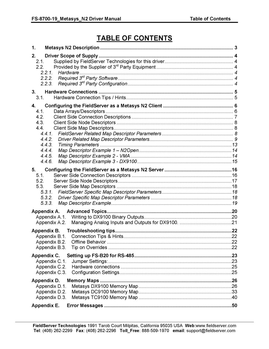 FieldServer FS-8700-19 instruction manual Table of Contents 