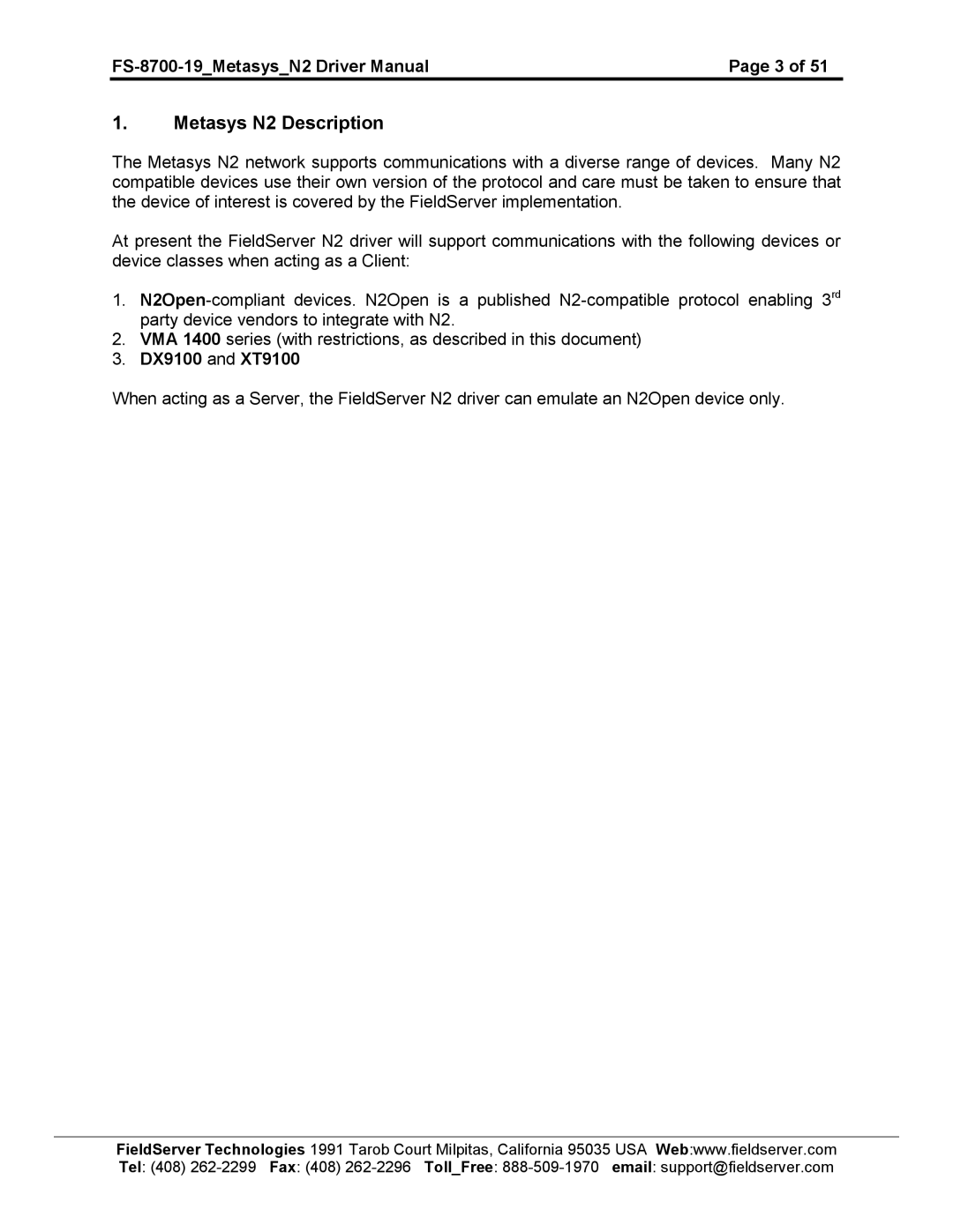 FieldServer FS-8700-19 instruction manual Metasys N2 Description 