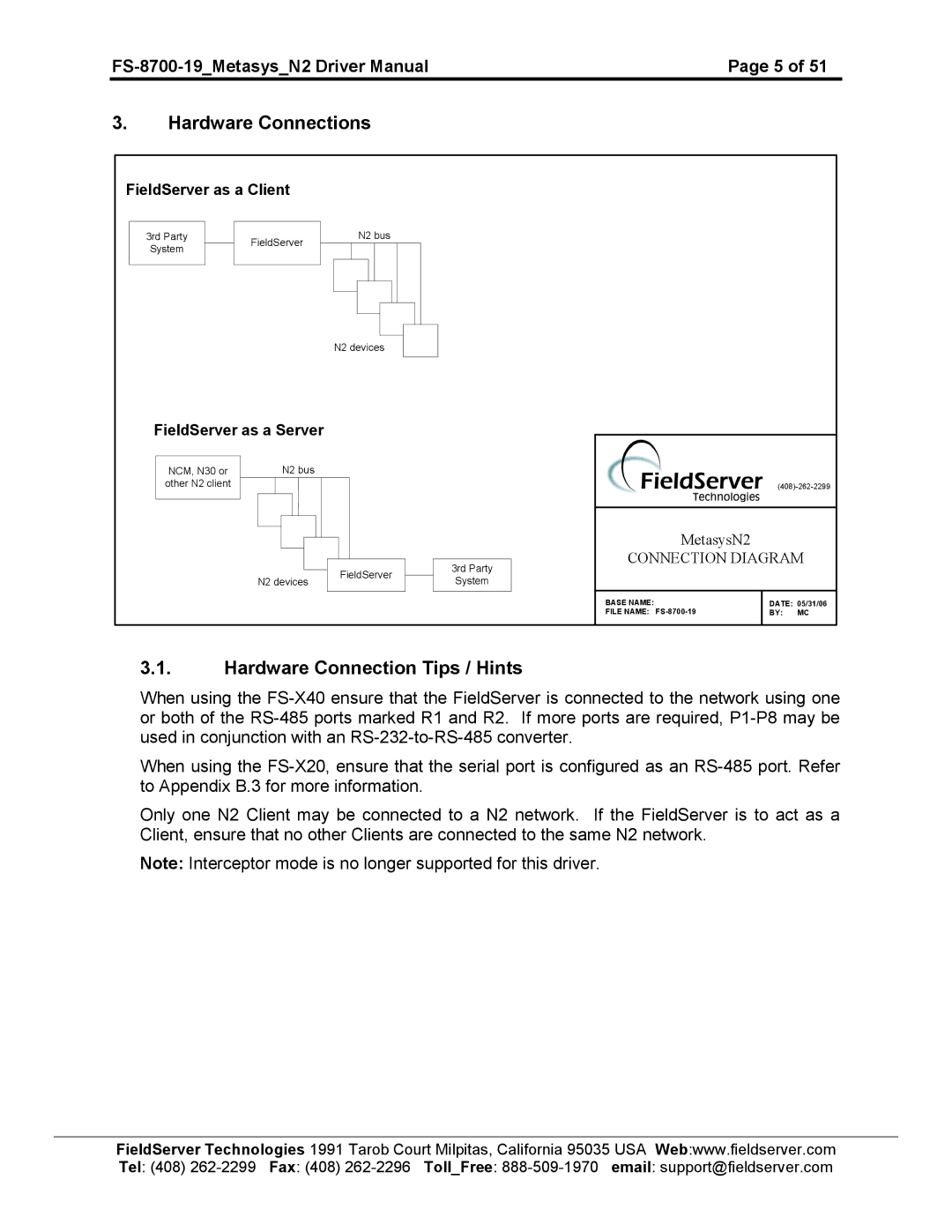 FieldServer FS-8700-19 instruction manual Hardware Connections, Hardware Connection Tips / Hints 